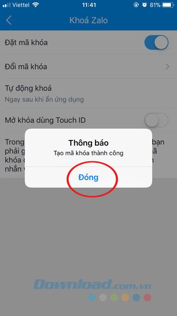 Thiết lập mã khóa thành công