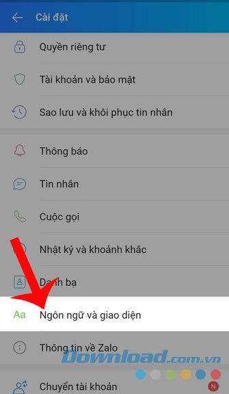 Bấm vào mục Ngôn ngữ và giao diện