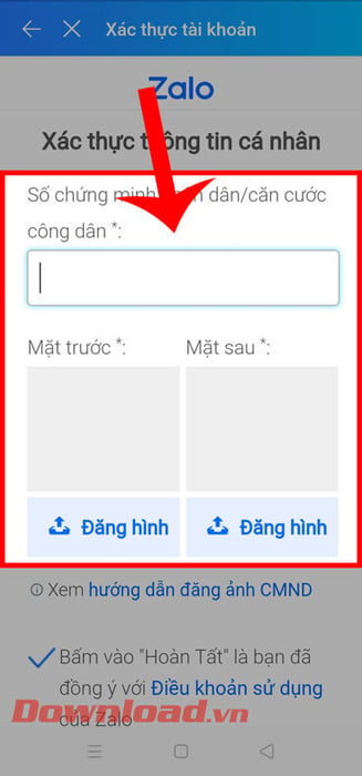 Nhập số và chụp 2 mặt CMND/thẻ CCCD