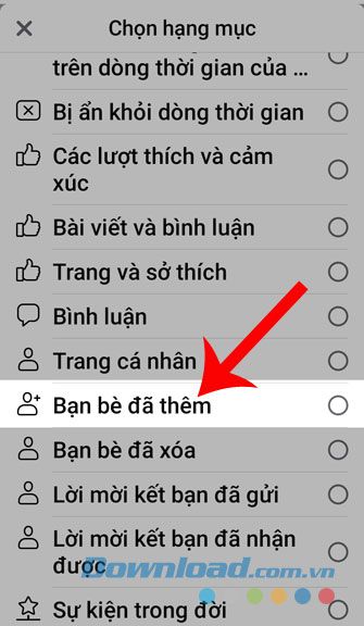 Chọn mục Bạn bè đã thêm