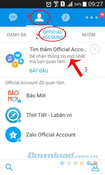 Vào thẻ Official Account