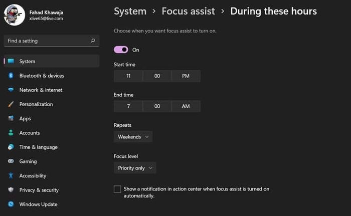 Thiết lập Focus Assist trên Windows 11