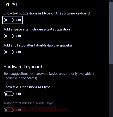 Tắt các tuỳ chọn gõ Typing trên Windows 10