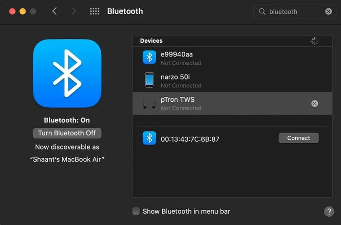 Thiết bị Bluetooth đã được kết nối với Mac