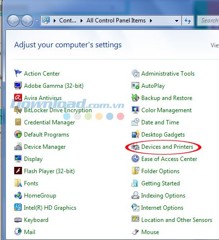 Chọn Thiết bị và Máy in trong Control Panel