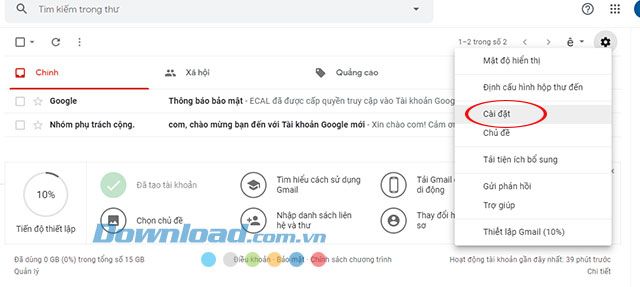 Giao diện Cài đặt trên Gmail