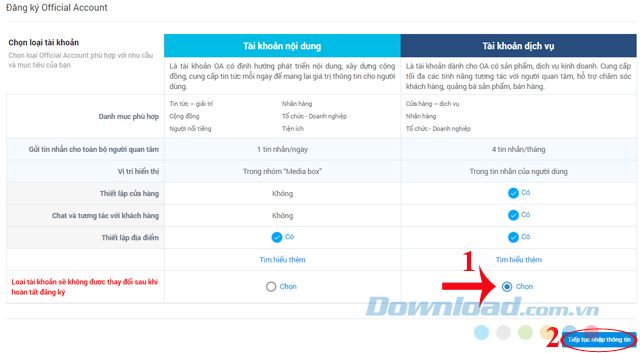 Chọn loại tài khoản dịch vụ