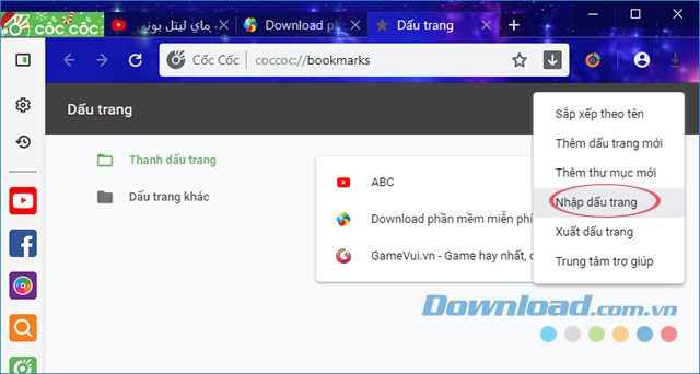 Import dấu trang trên trình duyệt Cốc Cốc