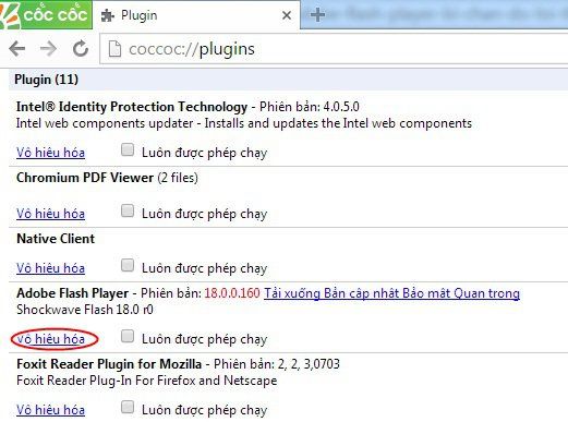 Vô hiệu hóa Flash trên trình duyệt Cốc Cốc
