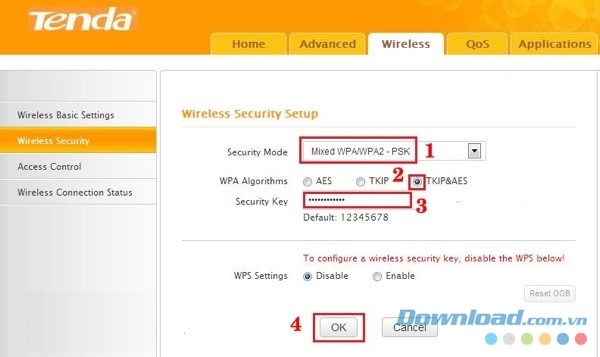 Thay đổi mật khẩu wifi Tenda trong phần Bảo mật mạng không dây