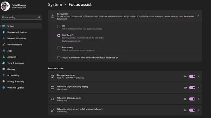 Focus assist trên Windows 11