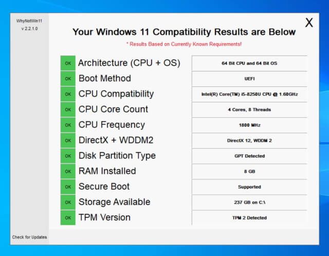 WhyNotWin11 kiểm tra thành công hệ thống Windows 10