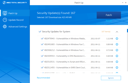 360 Total Security nhanh chóng cập nhật phần mềm trên máy tính