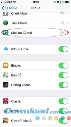 Sao lưu lên iCloud