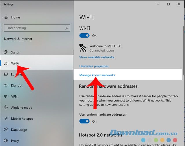 Nhấn vào Wi-fi, sau đó chọn Quản lý mạng đã biết