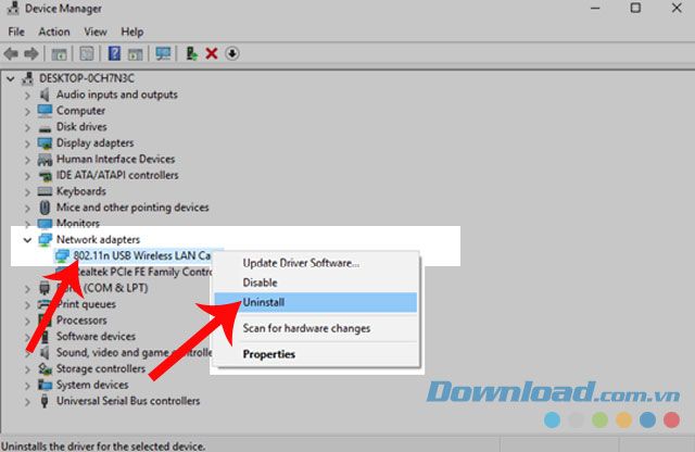 Click chuột phải vào tên Wireless adapter và chọn Unistall