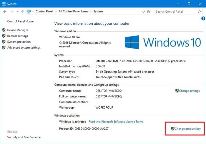 Thay đổi mã sản phẩm của Windows 10 qua Control Panel
