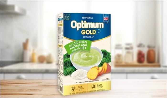 Bột ăn dặm Optimum Gold gạo, cải xoăn và khoai lang hộp 200g (6 - 24 tháng)