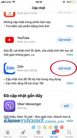 Cập nhật ứng dụng Zalo