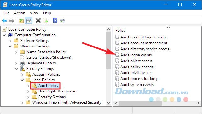 Nhấp đúp chuột vào cài đặt Audit logon events.