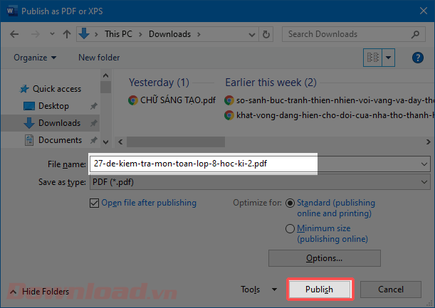 Đặt tên cho file PDF và nhấn Publish