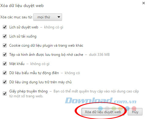 Tùy chọn xóa dữ liệu duyệt web