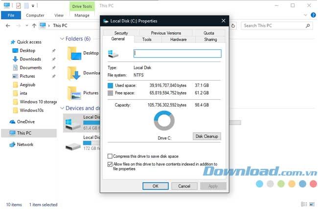 Dung lượng ổ cứng của Windows 10 Đầy Đủ