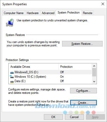 Tạo điểm khôi phục trên Windows 10