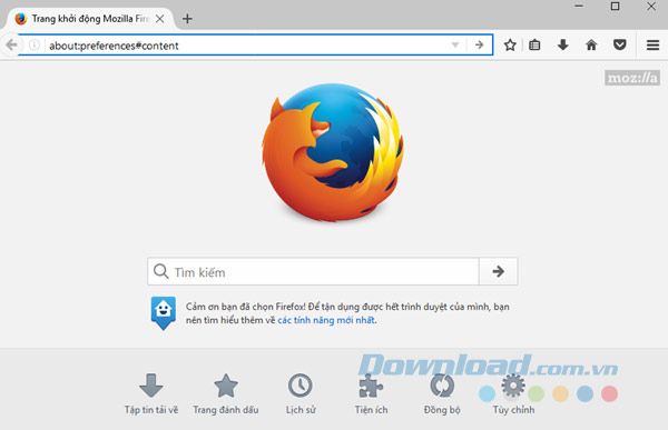 Vào 'about:preferences#content'