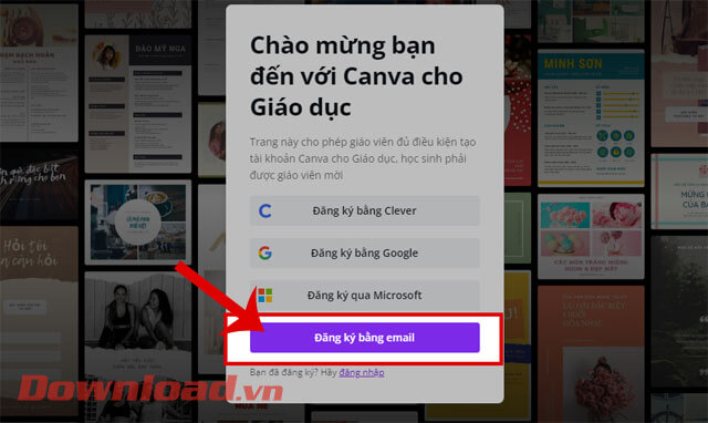 Click vào nút Đăng ký bằng Email