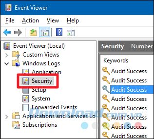 Điều hướng đến Windows Logs > Sercurity ở bên trái.