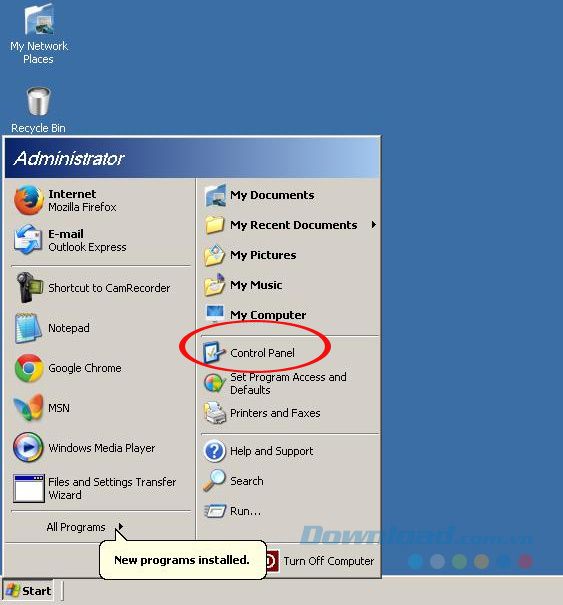 Chọn Control Panel từ menu Start