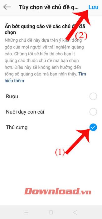 Chọn chủ đề quảng cáo, sau đó nhấn <strong>Lưu</strong>