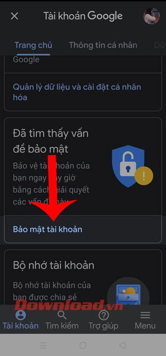 Chạm vào mục Bảo mật tài khoản