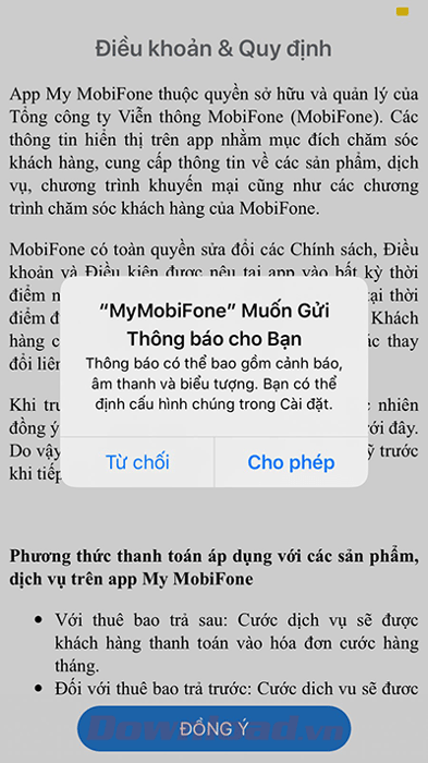 Chấp nhận nhận thông báo từ Mobifone