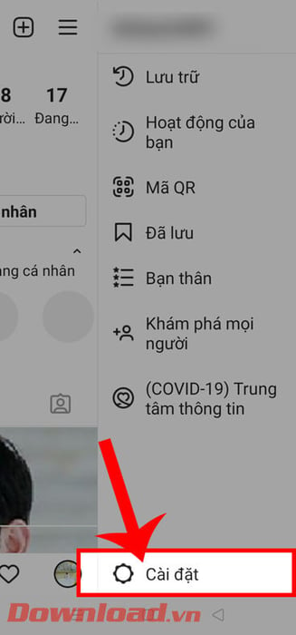 Nhấn vào mục Cài đặt