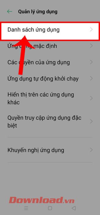 Chọn mục Danh sách ứng dụng 