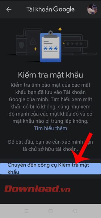Chạm vào nút Chuyển đến công cụ Kiểm tra mật khẩu