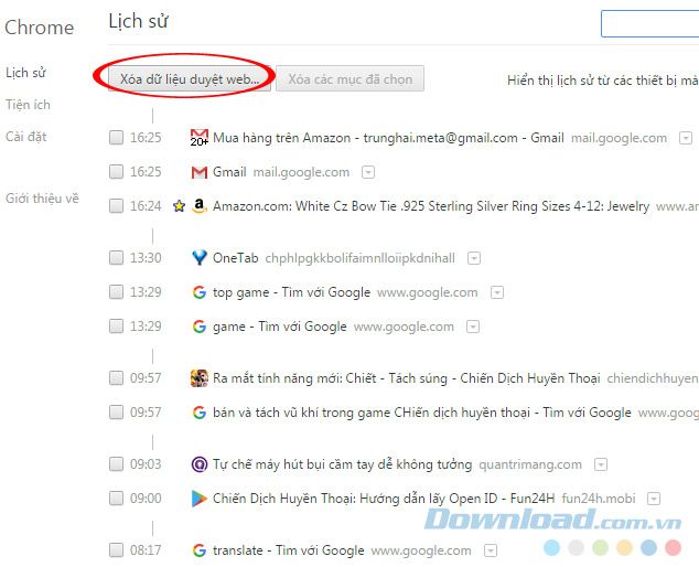 Xóa dữ liệu duyệt web của Chrome