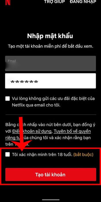 Đánh dấu vào ô Tôi xác nhận đã đủ 18 tuổi