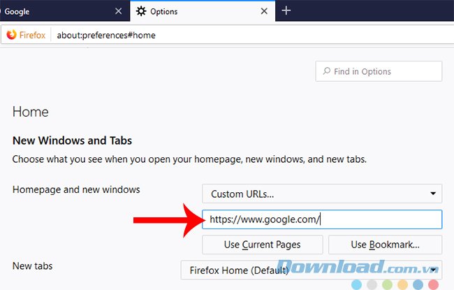 Đặt Google làm trang chủ của Firefox
