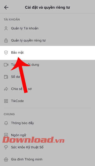 Chọn mục Bảo mật