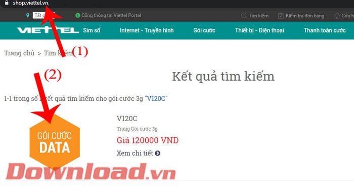 Truy cập trang web và tìm kiếm gói cước