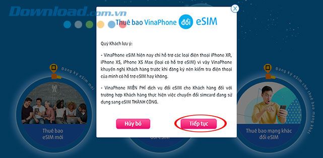 Thực hiện đăng ký chuyển đổi sang eSIM của VinaPhone