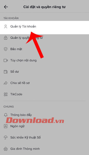 Chọn mục Quản lý tài khoản