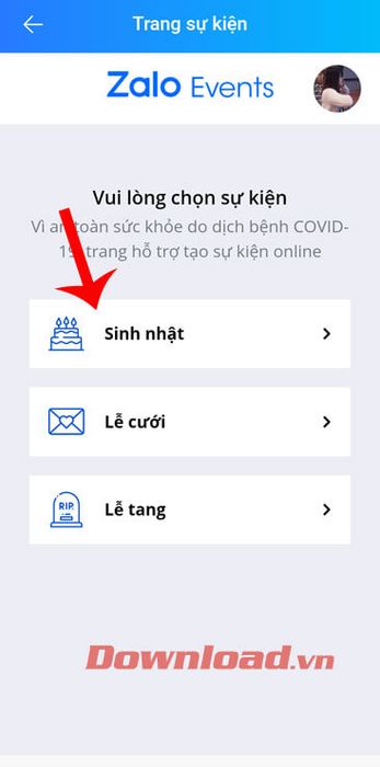 Chọn sự kiện muốn tạo