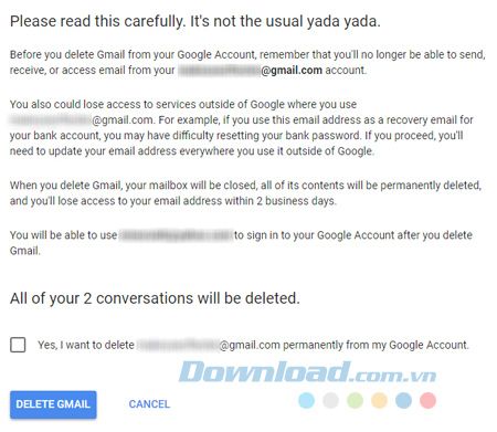 Nhấp vào Xóa Gmail