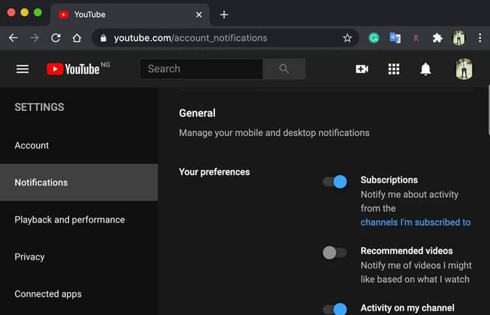 Thiết lập thông báo cho YouTube