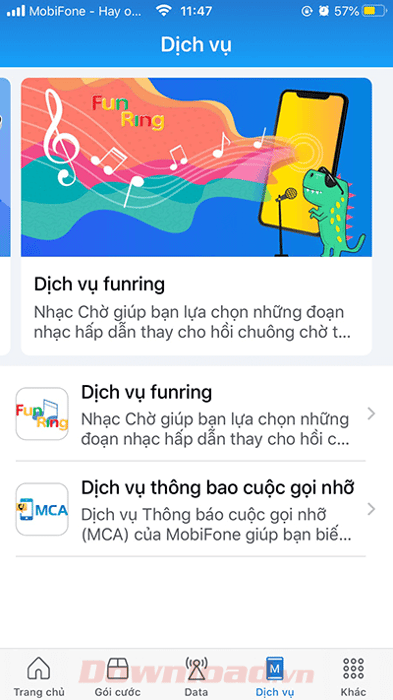 Mục Dịch vụ trên Ứng dụng của Mobifone