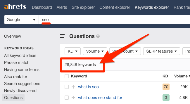 Sử dụng Ahrefs Keywords Explorer để khám phá thêm nhiều gợi ý câu hỏi hơn.